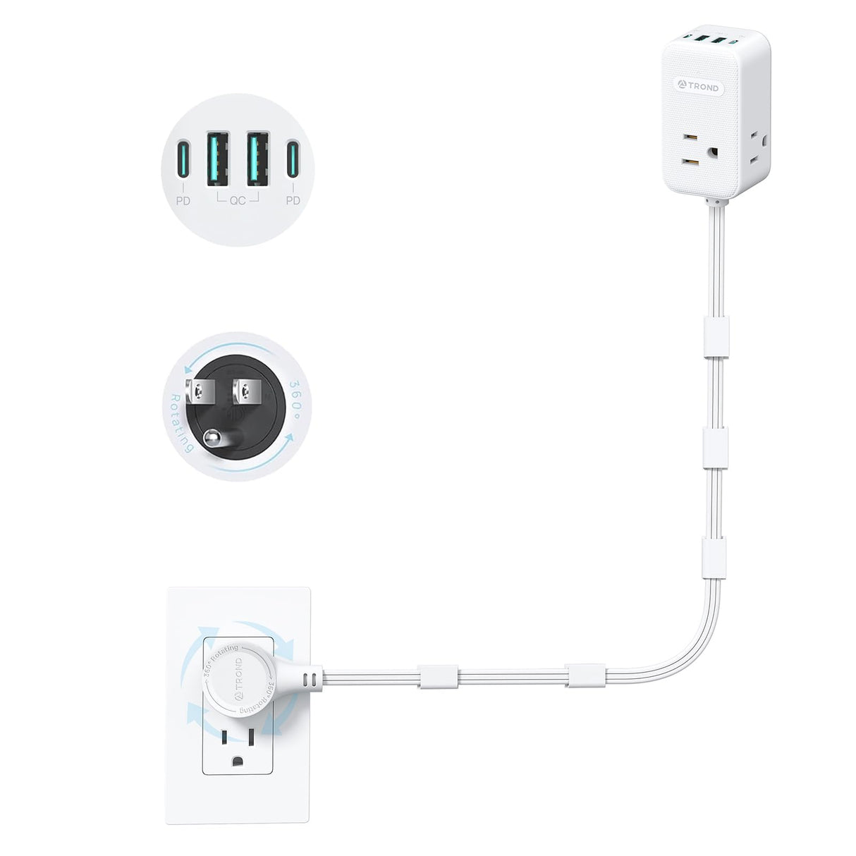 TROND Electrical Outlet Extender 360° Rotating Plug with 20W USB C, 36in Short Extension Cord, Wall Plug Adapter with 3 AC Outlets, Access Hard-to-Reach Outlets Use Behind Couches, Desk, White