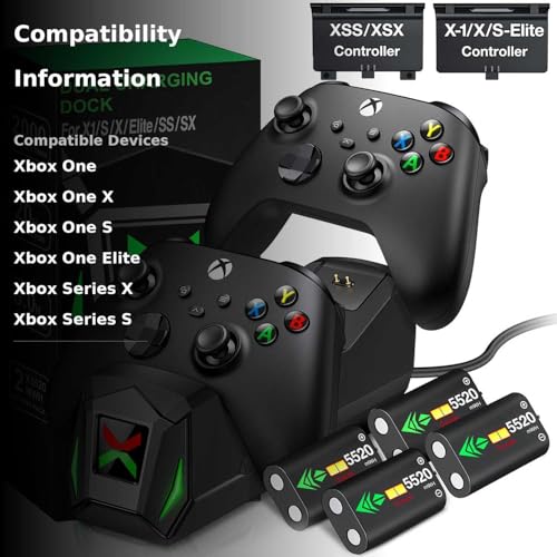 Controller Charger Station with 4x5520mWh Rechargeable Battery Compatible with One/Series X|S Controller | 4 Battery Covers, 2 for X1/X/S/Elite & 2 for Xbox Series S and X, Christmas Accessories