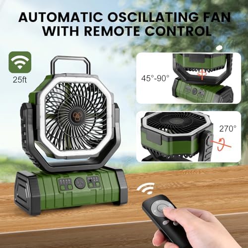 Odoland 30000mAh Camping Fan with LED Lantern, Rechargeable Battery Operated Oscillating with Remote Hook Stroage Bag, Portable Tent Fan with Timer, 4 Speeds for Outdoor RV Jobsite Power Outage, Green