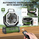 Odoland 30000mAh Camping Fan with LED Lantern, Rechargeable Battery Operated Oscillating with Remote Hook Stroage Bag, Portable Tent Fan with Timer, 4 Speeds for Outdoor RV Jobsite Power Outage, Green