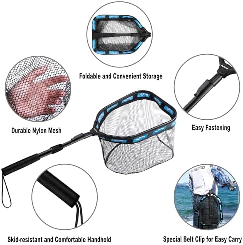 PLUSINNO Floating Fishing Net for Steelhead, Salmon, Fly, Kayak, Catfish, Bass, Trout Fishing, Rubber Coated Landing Net for Easy Catch & Release, Compact & Foldable for Easy Transportation & Storage