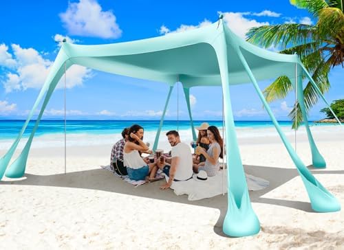 Beach Tent Canopy Pop Up Shade 10x10ft Sun Shelter Portable Family UPF50+ with 8 Sandbags-2 Sand Shovel-4 Aluminum Poles-Ground Pegs-Carrying Bag for Outdoor Camping Fishing Backyard Picnic