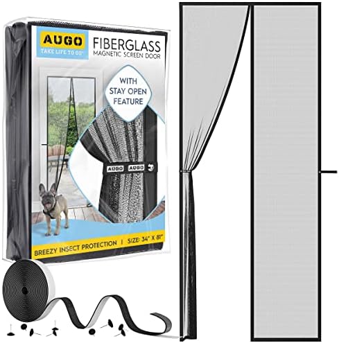 AUGO Magnetic Fiberglass Screen Door - Self Sealing, Heavy Duty, Hands Free Mesh Partition Keeps Bugs Out - Door Screen Magnetic Closure - Patent Pending Keep Open Feature - 34 Inch x 81 Inch