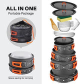 Odoland 15pcs Camping Cookware Non-Stick Lightweight Camping Pots and Pans Set with Plastic Plates Bowls Soup Spoon for Camping, Backpacking, Outdoor Cooking and Picnic