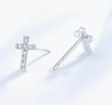 14K Hypoallergenic White Gold Plated Small Cross Silver Stud Earrings
