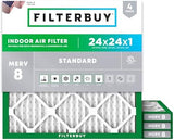 Filterbuy 24x24x1 Air Filter MERV 8 Dust Defense (4-Pack), Pleated HVAC AC Furnace Air Filters Replacement (Actual Size: 23.38 x 23.38 x 0.75 Inches)
