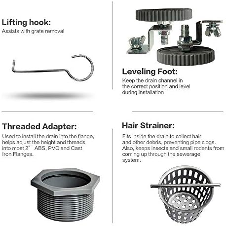 Neodrain 24-Inch Linear Shower Drain with Quadrato Pattern Grate,Brushed 304 Stainless Steel Rectangle Shower Floor Drain,Linear Drain with Leveling Feet,Hair Strainer