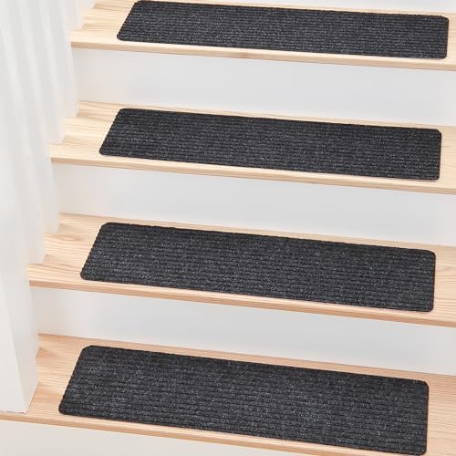 MBIGM 8" X 30" (15 in Pack) Non-Slip Carpet Stair Treads Non-Skid Safety Rug Slip Resistant Indoor Runner for Kids Elders & Pets with Reusable Adhesive - Black - Carpet Pads for Stairs