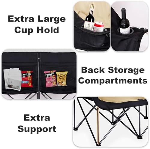 Double Camping Chair Loveseat Camping Chair Double Folding Chair Camp Chairs for Adults Heavy Duty Two Person Camp Chair Padded Camping Couch 2 Person Lawn Chairs - Support 650 lbs - Khaki