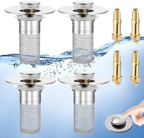 Bathroom Sink Drain Strainer, Pop-Up Bathroom Sink Stopper with Removable Stainless Steel Hair Catcher Basket, Universal Fit for US Bathroom Sinks, Bathtubs, Showers & Floor Drains (4 Pack)