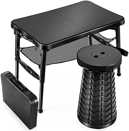 Retractable Small Folding Table and Stool Set, Portable Camping Foldable Table Lightweight Yet More Sturdy with Adjustable Stool for Outdoor Picnic, Beach, Camp, Also Ideal as Lap Desk, Bed Table