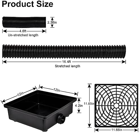 Low Profile Catch Basin Drain Kit Downspout Extender, 12"×12" Catch Basin Gutter Downspout Extensions with 2" ID Flexible Pipe, Pipe Stretched Length 16.4ft, Rainwater Drainage System