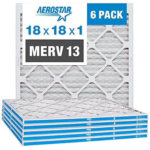 Aerostar 18x18x1 MERV 13 - 6 Count - Pleated HVAC, Furnace & Air Conditioner Filters - Removes Bacteria, Dust, Cold & Flu Germs, Lint, Mold, Pet Dander, Allergy-Causing Pollen, Smog, Smoke & Viruses