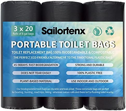 60 Count 8 Gallon Biodegradable Compostable Portable Toilet Bags, 100% Plant-Based, No Leaks, Disposable, Perfect for Camping, Hiking, Boating, Hunting