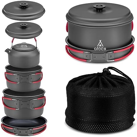 Alocs Camping Cookware Set Camping Gear, Compact Camping Pots and Pans Set, Durable Hard Alumina Camping Cooking Set for Outdoor Backpacking Camping Hiking Picnic, Included Mesh Carry Bag.