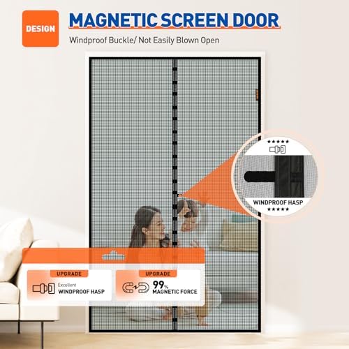 MAGZO Magnetic Screen Door Fit Door Size 72 x 80 Inch, Screen Size 74" x 81" French Door Screen with Full Frame Hook&Loop Black