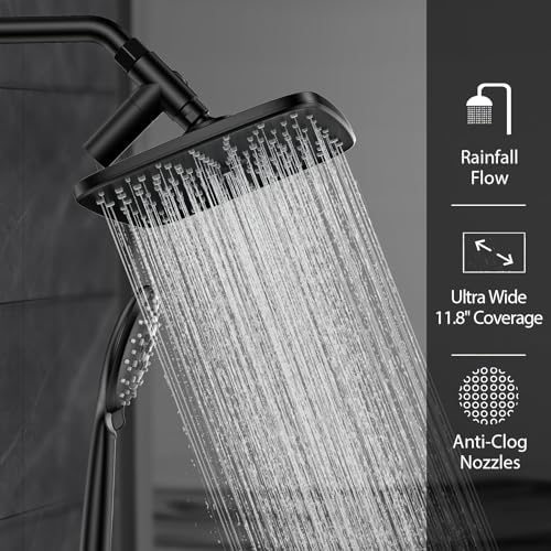 Veken 11.8 Rectangle Inch Rain Shower Head - Shower Heads with 6 Modes Handheld Spray Combo - Wide Rainfall shower with 70" Hose - 1.8gpm Dual Showerhead with Anti-Clog Nozzles - Matte Black