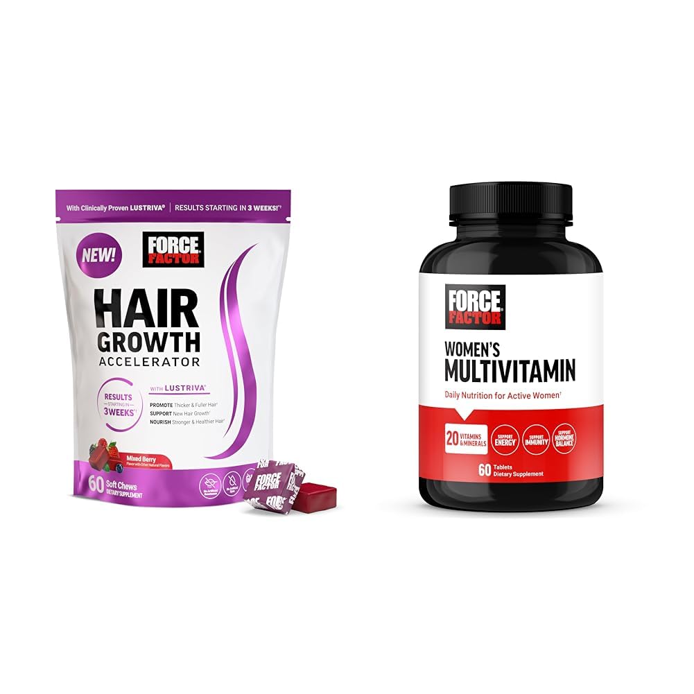 Force Factor Hair Growth Accelerator Soft Chews, Lustriva & Biotin to Promote Thicker, Stronger, Fuller Hair, Hair Growth Vitamins for Women, Clinically Studied + Women's Multivitamin with Iron, 60ct