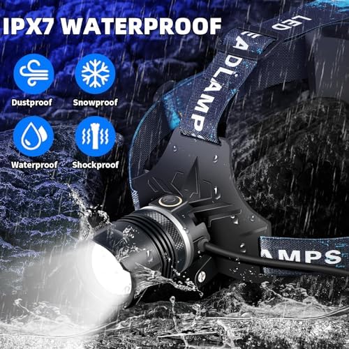 1900 Lumens Super Bright Headlamp, Rechargeable LED Head Lamp, 90 Hour Battery Standby Head Light with 9 Modes, IPX7 Waterproof Zoom Headlamps, 125° Adjustable Headlight for Camping, Adults