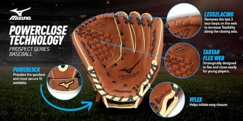 Mizuno Prospect PowerClose Youth Baseball Glove Series I V-Flex Notch I Parashock Palm Pad I ButterSoft Palm Liner