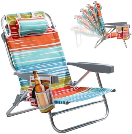 5-Position Aluminum Lay Flat Backpack Beach Chair, Compact Portable Low Beach Chairs for Adults with Cooler Pouch, Storage Pouch, Towel Bar, Cup Holder & Phone Holder, Multicolor Stripe