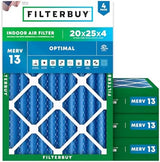 Filterbuy 20x25x4 Air Filter MERV 13 Optimal Defense (4-Pack), Pleated HVAC AC Furnace Air Filters Replacement (Actual Size: 19.50 x 24.50 x 3.63 Inches)