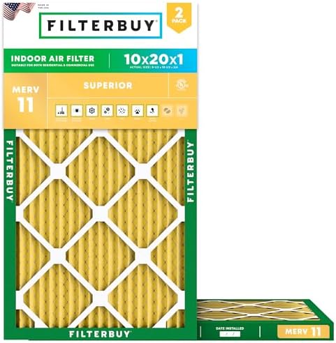 Filterbuy 10x20x1 Air Filter MERV 11 Allergen Defense (2-Pack), Pleated HVAC AC Furnace Air Filters Replacement (Actual Size: 9.50 x 19.50 x 0.75 Inches)