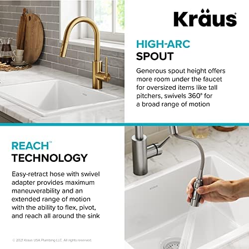 KRAUS Oletto Single Handle Pull Down Kitchen Faucet with QuickDock Top Mount Installation Assembly in Spot-Free Brushed Brass, KPF-2620BB