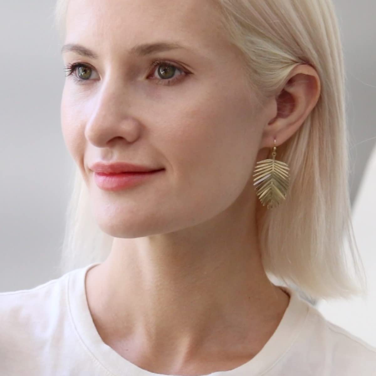 Gold Tone Leaf Earrings for Women - Bohemian Tropical Dangles, Palm Drops