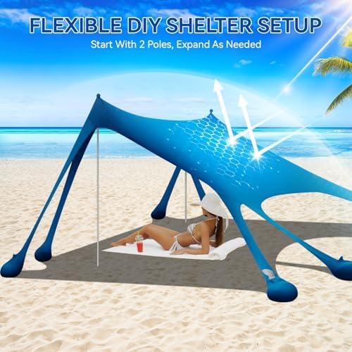 Beach Tent Sun Shelter & Portable Beach Canopy UPF80+ Uv Protection, Beach Shade Canopy/Cabana with 8 Sandbags, 4 Stability Poles, Sand Shovel Ground Pegs for Outdoor Camping(10x10ft, Navy Blue)
