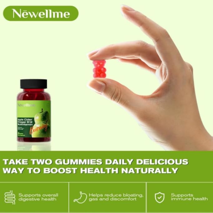 NEWELLME Apple Cider Vinegar Gummies B12 Multivitamin,ACV Supplement Gummy Vitamins,Non GMO, Vegetarian Supplement for Women & Men,Support Normal Energy Levels & Gut Health 30 Gummies (60)