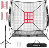 BAGAIL 7x7 ft Baseball & Softball Practice Net with Bow Frame for Batting, Hitting, Pitching, Portable Baseball Throwing Net with 2 Strike Zone Batting Tee, Carry Bag, Great for All Levels