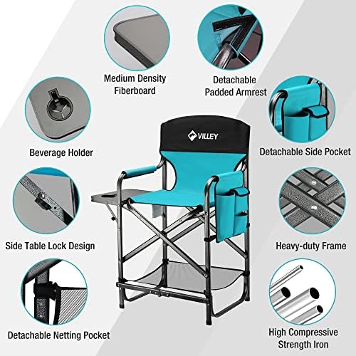 VILLEY Tall Directors Chair, Folding Camping Chairs, Makeup Artist Chair with Foot Rest, 900D Fabric for Tailgating Camp Lawn Picnic Fishing Beach, Supports 350 LBS, Blue