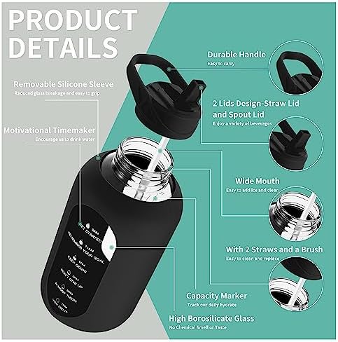 CIVAGO 64 oz Glass Water Bottle Jug with Straw and Handle, Half Gallon Sports Motivational Water Bottle with Time Marker, Wide Mouth Flask Canteen with Silicone Sleeve for Gym, Lavender