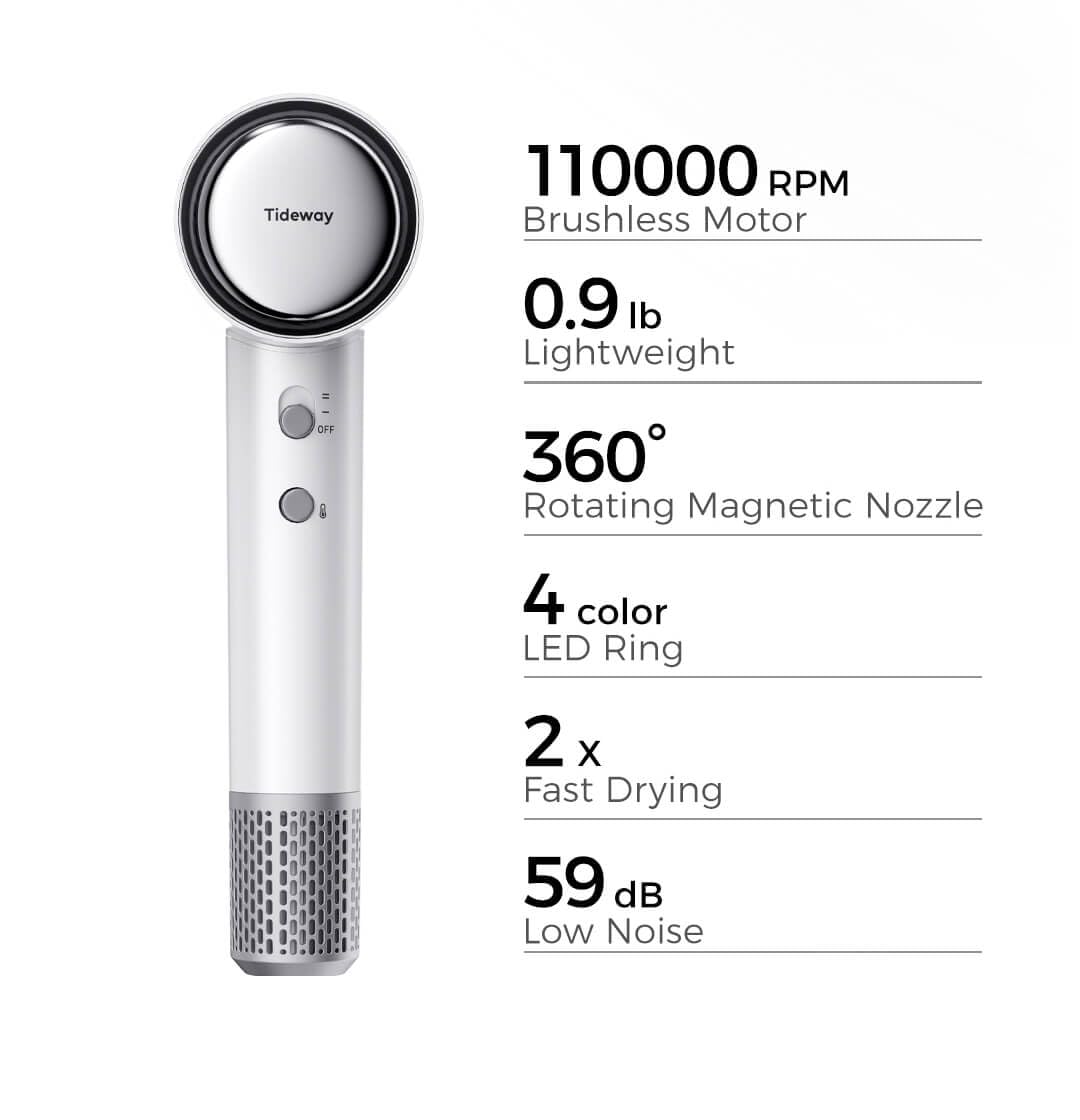 Tideway High-Speed Hairdryer Titanium Editionr with 110,000 RPM Brushless Motor – Lightweight 1.3lb, 2× Faster Drying, 59dB Low Noise, 360° Magnetic Nozzle & 4-Color LED Ring