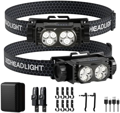 Headlamp Rechargeable 2PCS, Light Bright LED Rechargeable Headlight with White Light, Waterproof Head Lamp with Headband for Outdoor Camping, Hiking, Camping Essentials, Working(Black)