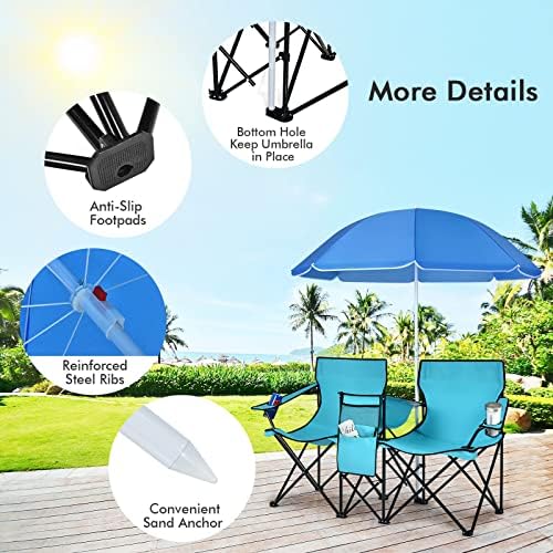 COSTWAY Double Portable Picnic Chairs, Folding Camping Chairs w/Detachable Umbrella, Cooler Bag, Cup Holders, Patio Beach Camping Chairs for Outdoors