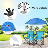 COSTWAY Double Portable Picnic Chairs, Folding Camping Chairs w/Detachable Umbrella, Cooler Bag, Cup Holders, Patio Beach Camping Chairs for Outdoors
