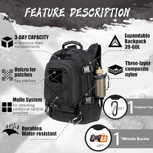 Expandable 40-64L Military Tactical Backpack 3 Day Bag Hiking Gym Sport Camping