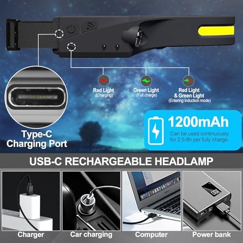 Headlamp Rechargeable 4Pack, 6 Mode Headlamps for Adults 1200Lumens LED Headlamp with Motion Sensor,230°COB Wide Beam Headlight Bright Headlamps Flashlight for Camping Accessories Gear, Hiking,Running