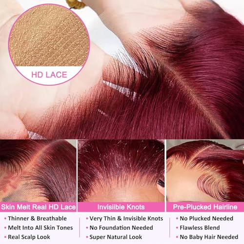 30 Inch 99j Burgundy Lace Front Wigs Human Hair 13x4 HD Transparent Wine Red Burgundy Body Wave Human Hair Lace Front Wigs for Women 180 Density Pre Plcked Human Hair Lace Frontal Wig with Baby Hair