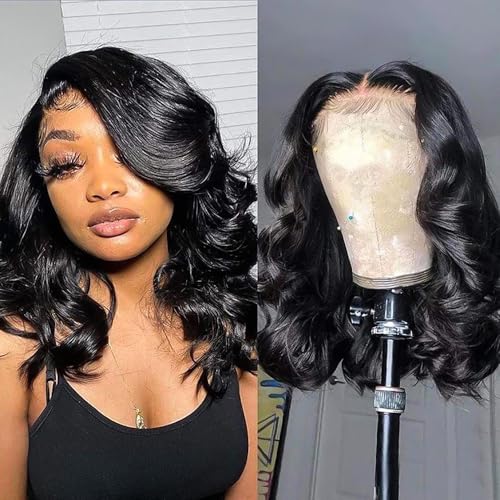 Devonia 14 Inch Bob Human Hair Wig 13x4 Body Wave Lace Front Wigs Human Hair Pre Plucked HD Frontal Lace Wig 180 Density Glueless Wigs for Women Bob Wigs Natural Black Color