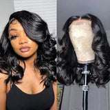 Devonia 14 Inch Bob Human Hair Wig 13x4 Body Wave Lace Front Wigs Human Hair Pre Plucked HD Frontal Lace Wig 180 Density Glueless Wigs for Women Bob Wigs Natural Black Color