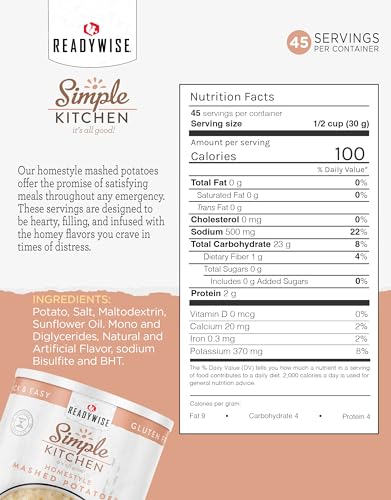 ReadyWise Simple Kitchen Homestyle Mashed Potatoes, 45 Servings – Gluten-Free Freeze-Dried MRE for Emergency Food Supply, Long-Term Storage, Camping, Survival, and Disaster Preparedness, #10 Can