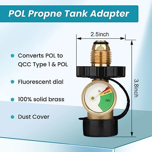 100 lb Propane Tank Adapter, Propane Gauge for 100 lb Propane Tank, Universal Fit Pol to Qcc1 Propane Tank Adapter Converts Pol to Qcc1 / Type 1 - Old to New Connection Type, Solid Brass (1PC)