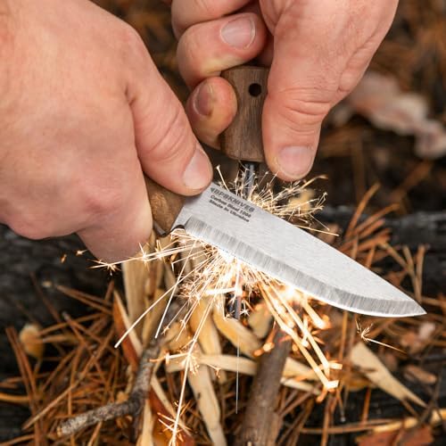 BPS Knives Bushmate 2.0 Designed by DBK - Bushcraft Knife - Fixed-Blade Carbon Steel Knife with Leather Sheath & Firestarter - Outdoor Full Tang Camping Survival Knives