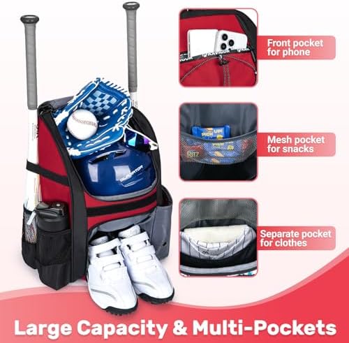 Youth Baseball Bag, Softball Bag for Girls & Boys, Kids Tball Backpack with Shoes Compartment