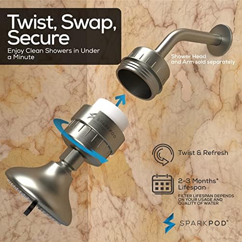 SparkPod 23 Stage Shower Head Filter for Dry Hair and Skin - High Output Universal Shower Filters to Remove Toxic Chemicals, Chlorine & Heavy Metals (Elegant Brushed Nickel)