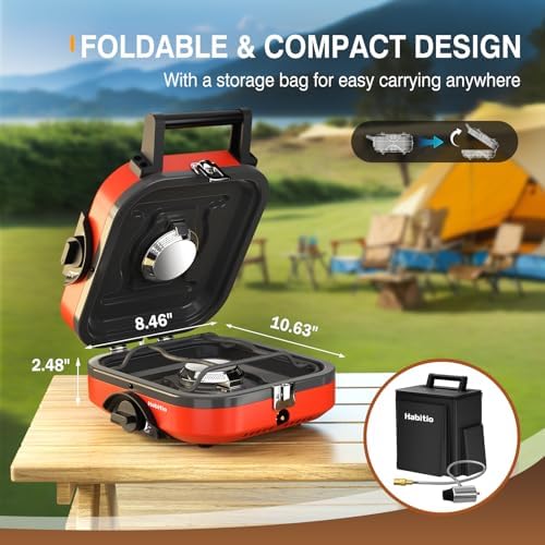 2-Burner Camping Stove Foldable, Portable Propane Camp Stove with 16000 BTU Adjustable Burners and Piezo Ignition, Folding Stove with Carry Bag & Handle for Camping, Tailgating, Backyard BBQ - Red