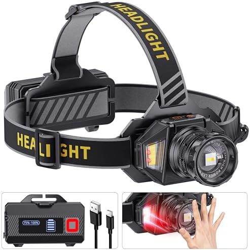 LED Headlamp Rechargeable，2000 High Lumens Head Lamp with 12 Modes & 90H Long Battery Life & Motion Sensor & IPX7 Waterproof,90° Adjustable Headlight for Outdoor Camping,Cycling,Hiking